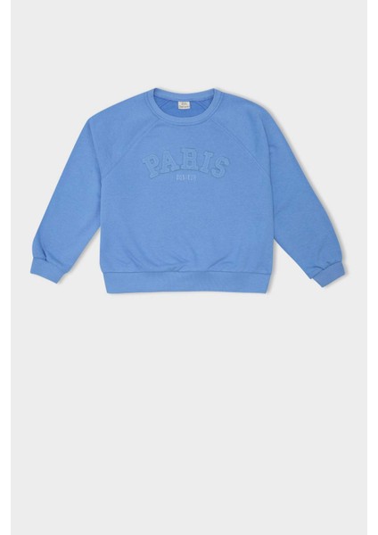 Kız Çocuk Pembe Oversize Geniş Kalıp Bisiklet Yaka Baskılı Sweatshirt D1100A824AU