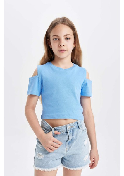 Kız Çocuk Slim Fit Dar Kesim Bisiklet Yaka Basic Düz Ribana Kısa Kollu Tişört C9714A824HS