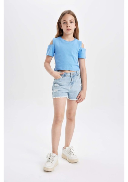 Kız Çocuk Slim Fit Dar Kesim Bisiklet Yaka Basic Düz Ribana Kısa Kollu Tişört C9714A824HS