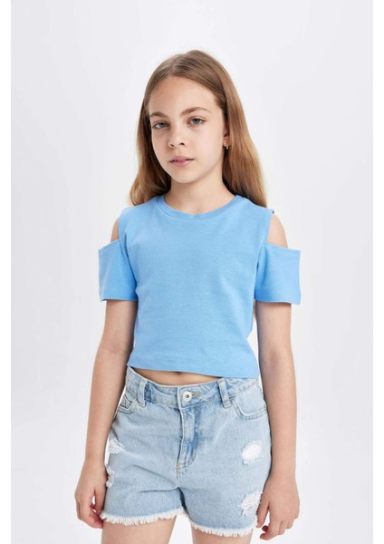 Kız Çocuk Slim Fit Dar Kesim Bisiklet Yaka Basic Düz Ribana Kısa Kollu Tişört C9714A824HS