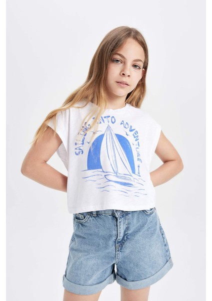 Kız Çocuk Crop Bisiklet Yaka Deniz Baskılı Kısa Kollu Tişört C9715A824HS