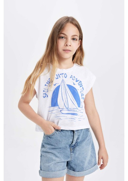Kız Çocuk Crop Bisiklet Yaka Deniz Baskılı Kısa Kollu Tişört C9715A824HS