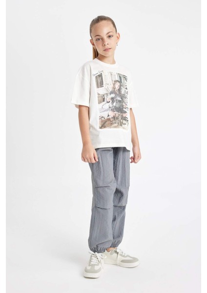 Kız Çocuk Beli ve Paçası Lastikli Cepli Gri Paraşüt Jogger Pantolon D0646A824SM