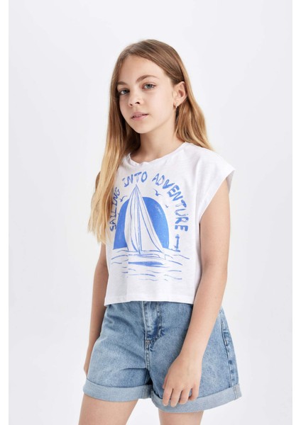 Kız Çocuk Crop Bisiklet Yaka Deniz Baskılı Kısa Kollu Tişört C9715A824HS