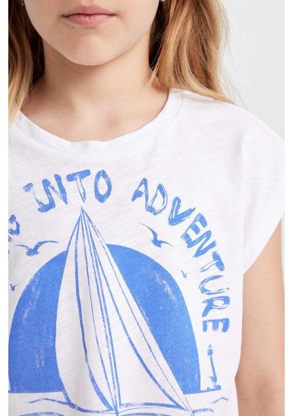 Kız Çocuk Crop Bisiklet Yaka Deniz Baskılı Kısa Kollu Tişört C9715A824HS