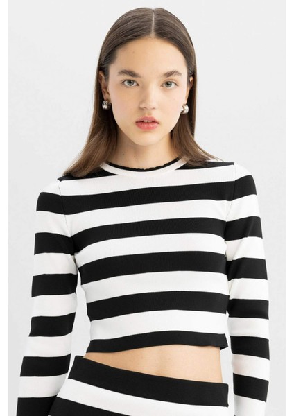 Slim Fit Dar Kesim Çizgili Bisiklet Yaka Triko Kazak X6888AZ24WN