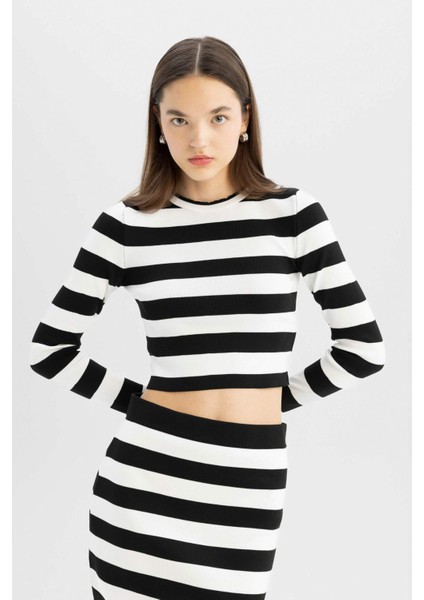 Slim Fit Dar Kesim Çizgili Bisiklet Yaka Triko Kazak X6888AZ24WN