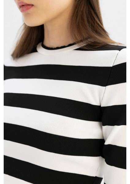 Slim Fit Dar Kesim Çizgili Bisiklet Yaka Triko Kazak X6888AZ24WN