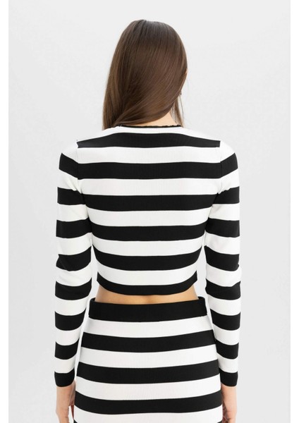 Slim Fit Dar Kesim Çizgili Bisiklet Yaka Triko Kazak X6888AZ24WN