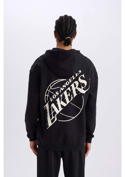 Fit NBA Los Angeles Lakers Boxy Fit Kapüşonlu Sırt Baskılı Kalın Sweatshirt A4114AX24WN