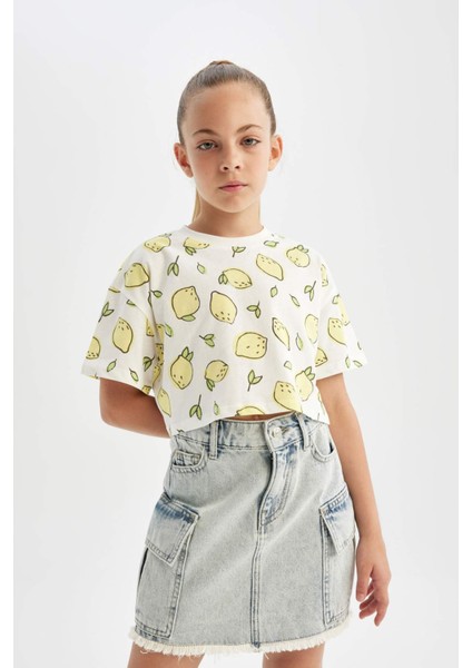 Kız Çocuk Crop Bisiklet Yaka Desenli Kısa Kollu Tişört D1288A824HS