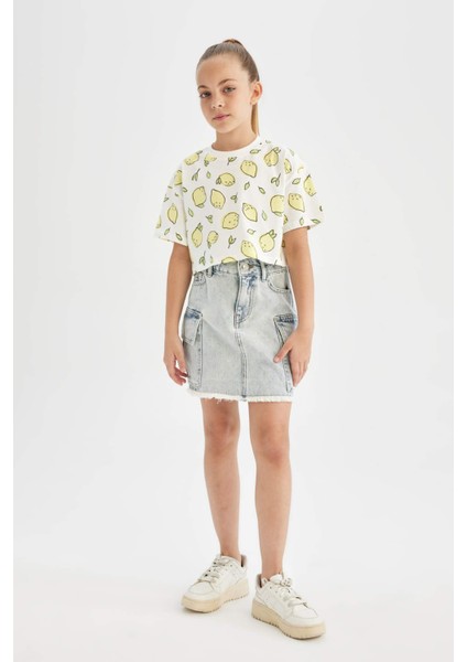 Kız Çocuk Crop Bisiklet Yaka Desenli Kısa Kollu Tişört D1288A824HS