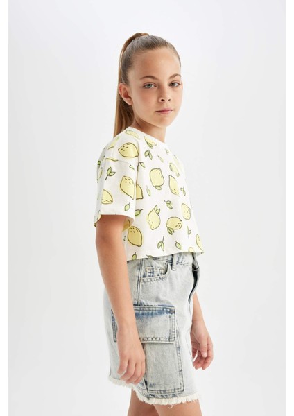 Kız Çocuk Crop Bisiklet Yaka Desenli Kısa Kollu Tişört D1288A824HS