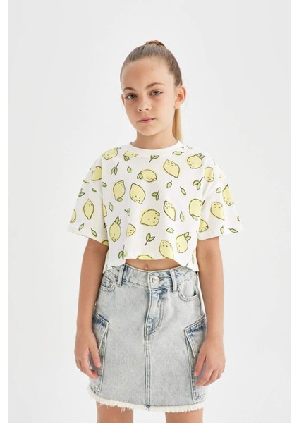 Kız Çocuk Crop Bisiklet Yaka Desenli Kısa Kollu Tişört D1288A824HS