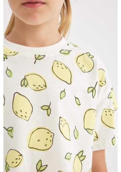 Kız Çocuk Crop Bisiklet Yaka Desenli Kısa Kollu Tişört D1288A824HS