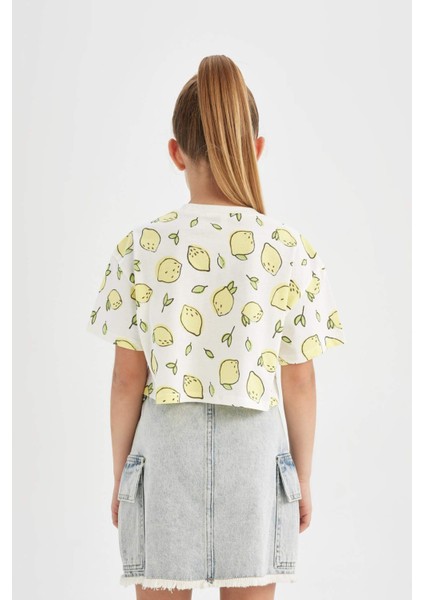 Kız Çocuk Crop Bisiklet Yaka Desenli Kısa Kollu Tişört D1288A824HS