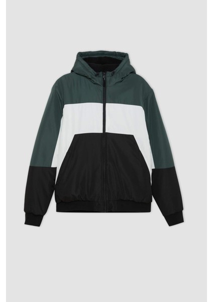 Slim Fit Dar Kesim Renk Bloklu Astarlı Kapüşonlu Fermuarlı Cepli Şişme Mont N4530AZ24AU