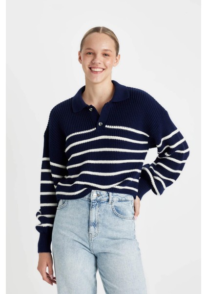 Relax Fit Polo Yaka Yarım Düğmeli Çizgili Triko Kazak C4918AX24WN