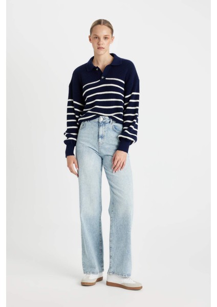 Relax Fit Polo Yaka Yarım Düğmeli Çizgili Triko Kazak C4918AX24WN