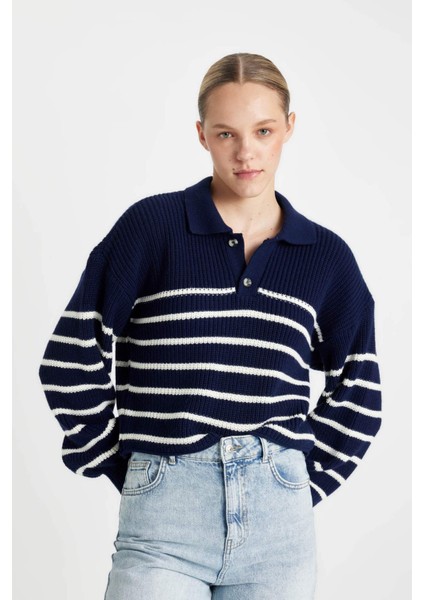 Relax Fit Polo Yaka Yarım Düğmeli Çizgili Triko Kazak C4918AX24WN