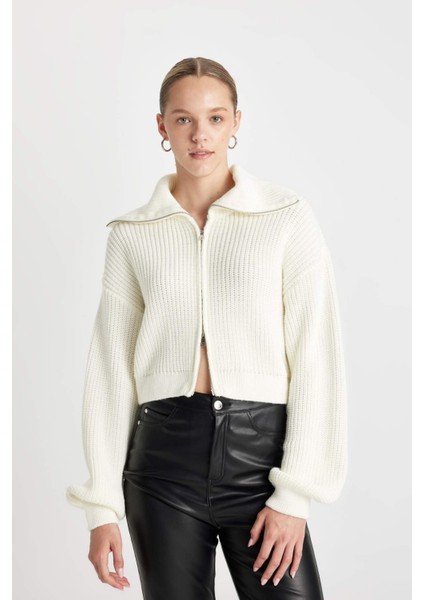 Slim Fit Dar Kesim Dik Yaka Basic Düz Fermuarlı Triko Hırka A3333AX24WN