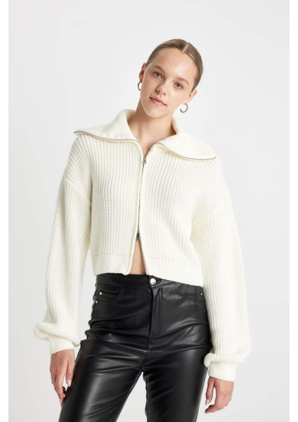 Slim Fit Dar Kesim Dik Yaka Basic Düz Fermuarlı Triko Hırka A3333AX24WN