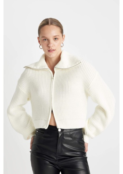 Slim Fit Dar Kesim Dik Yaka Basic Düz Fermuarlı Triko Hırka A3333AX24WN