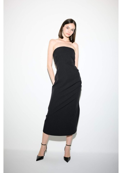 Bodycon Straplez Siyah Midi Abiye Elbise D0985AX24SM