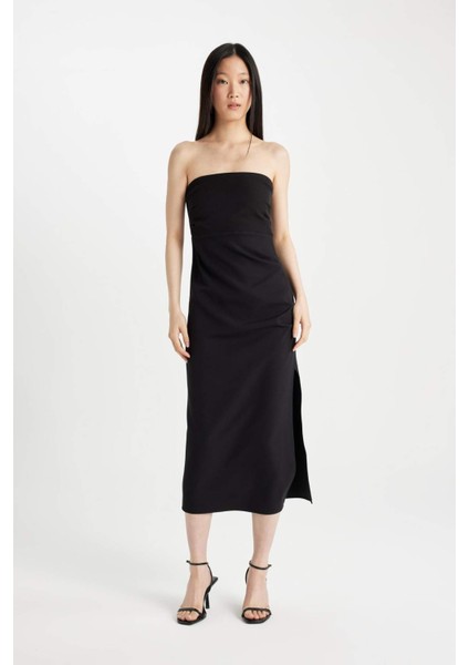 Bodycon Straplez Siyah Midi Abiye Elbise D0985AX24SM