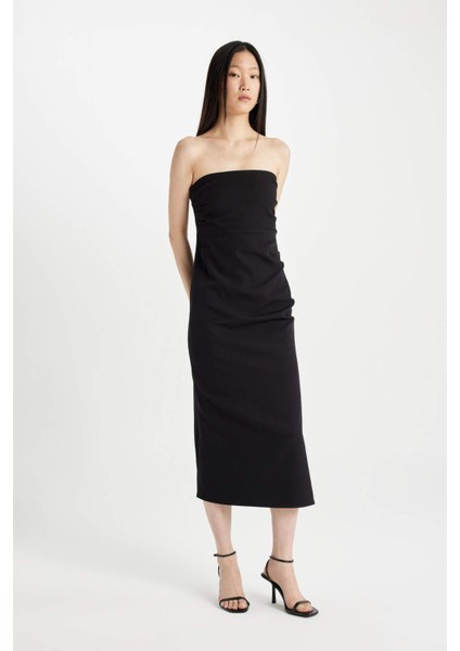 Bodycon Straplez Siyah Midi Abiye Elbise D0985AX24SM