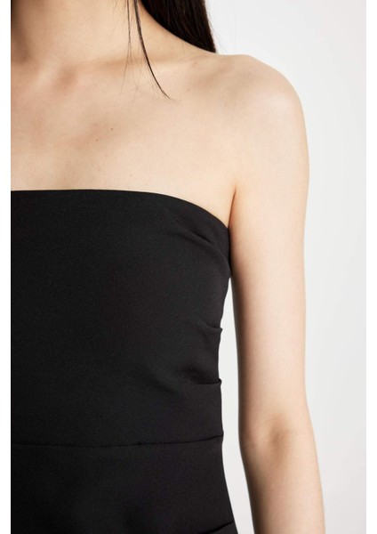 Bodycon Straplez Siyah Midi Abiye Elbise D0985AX24SM