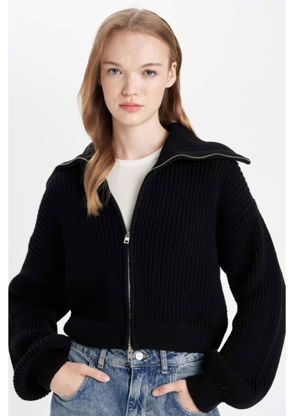 Slim Fit Dar Kesim Basic Düz Fermuarlı Dik Yaka Triko Hırka A3333AX24WN