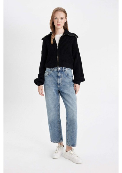 Slim Fit Dar Kesim Basic Düz Fermuarlı Dik Yaka Triko Hırka A3333AX24WN