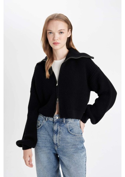 Slim Fit Dar Kesim Basic Düz Fermuarlı Dik Yaka Triko Hırka A3333AX24WN