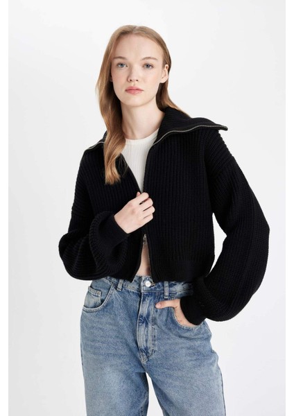 Slim Fit Dar Kesim Basic Düz Fermuarlı Dik Yaka Triko Hırka A3333AX24WN