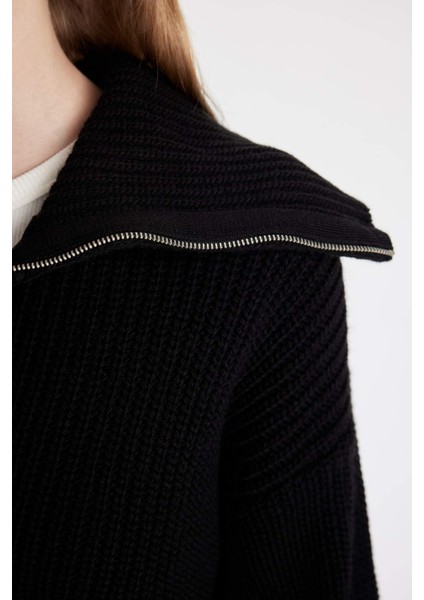 Slim Fit Dar Kesim Basic Düz Fermuarlı Dik Yaka Triko Hırka A3333AX24WN