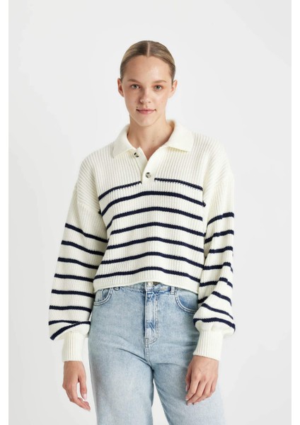 Relax Fit Polo Yaka Yarım Düğmeli Çizgili Triko Kazak C4918AX24WN