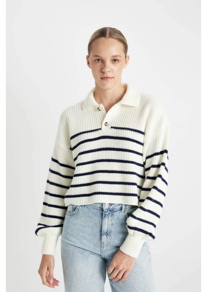 Relax Fit Polo Yaka Yarım Düğmeli Çizgili Triko Kazak C4918AX24WN