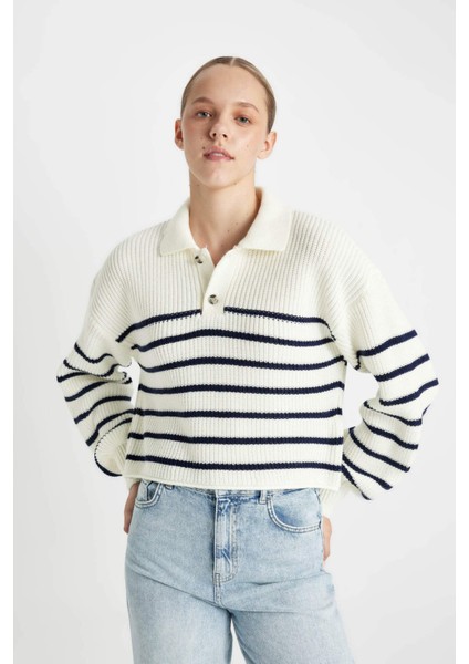 Relax Fit Polo Yaka Yarım Düğmeli Çizgili Triko Kazak C4918AX24WN