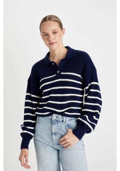 Relax Fit Polo Yaka Yarım Düğmeli Çizgili Triko Kazak C4918AX24WN