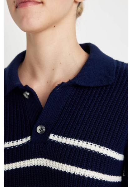 Relax Fit Polo Yaka Yarım Düğmeli Çizgili Triko Kazak C4918AX24WN