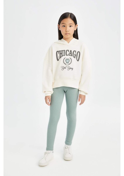 Kız Çocuk 2'li Takım Kapüşonlu Baskılı Sweatshirt Beli Lastikli Fitilli Kaşkorse Tayt D0730A824AU