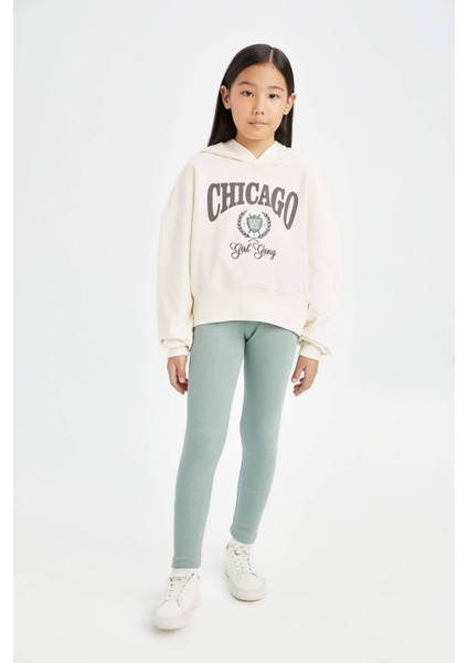 Kız Çocuk 2'li Takım Kapüşonlu Baskılı Sweatshirt Beli Lastikli Fitilli Kaşkorse Tayt D0730A824AU