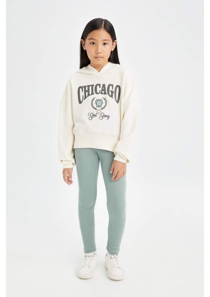 Kız Çocuk 2'li Takım Kapüşonlu Baskılı Sweatshirt Beli Lastikli Fitilli Kaşkorse Tayt D0730A824AU