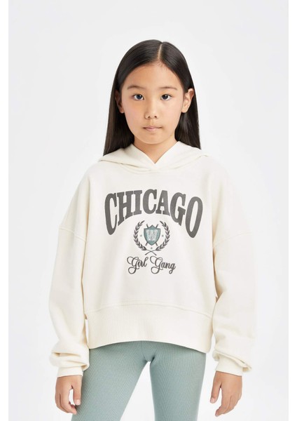 Kız Çocuk 2'li Takım Kapüşonlu Baskılı Sweatshirt Beli Lastikli Fitilli Kaşkorse Tayt D0730A824AU