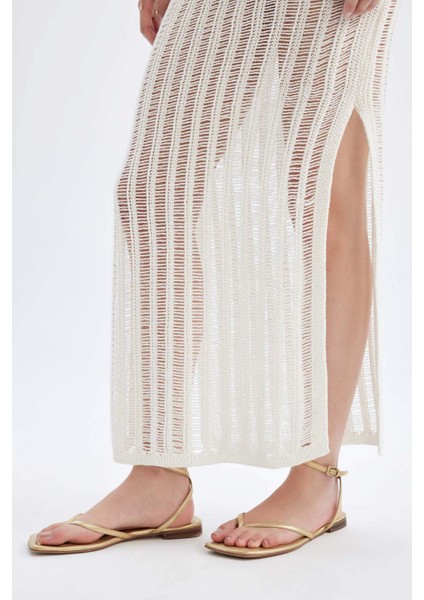 Regular Fit Bisiklet Yaka Kroşe Kolsuz Maxi Triko Plaj Elbise