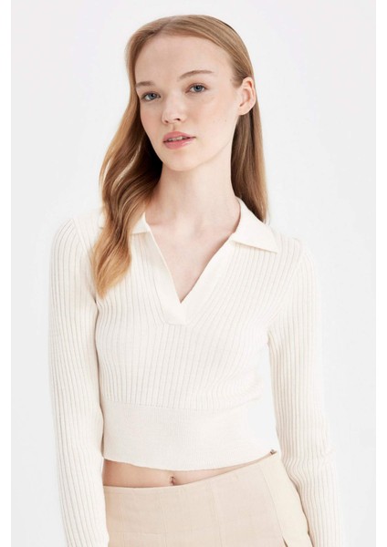 Slim Fit Dar Kesim Polo Yaka Crop Triko Kazak X4929AZ24AU