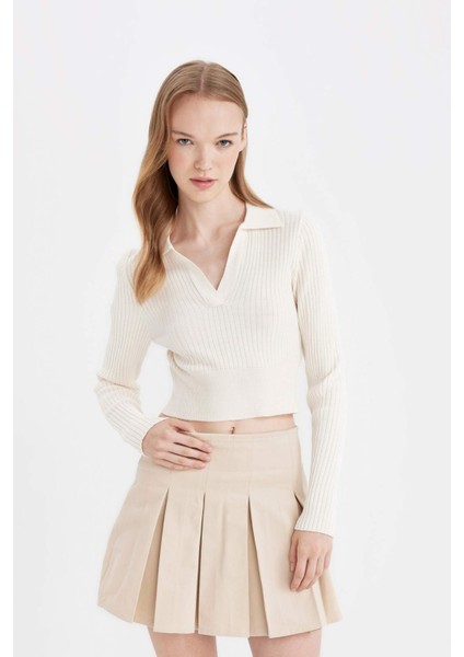 Slim Fit Dar Kesim Polo Yaka Crop Triko Kazak X4929AZ24AU