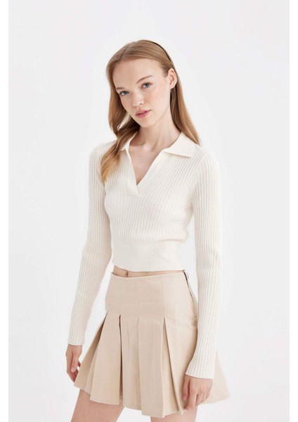 Slim Fit Dar Kesim Polo Yaka Crop Triko Kazak X4929AZ24AU