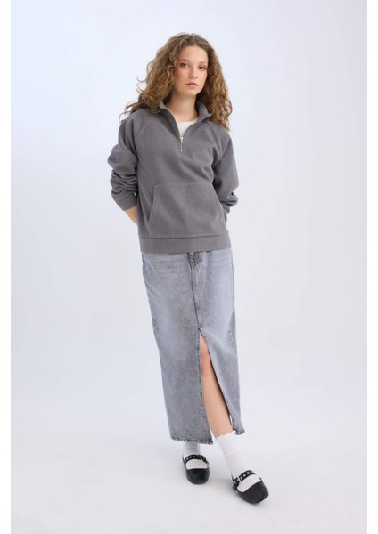 Long Fit Yırtmaçlı Cepli Uzun Boy Jean Etek D1375AX24AU